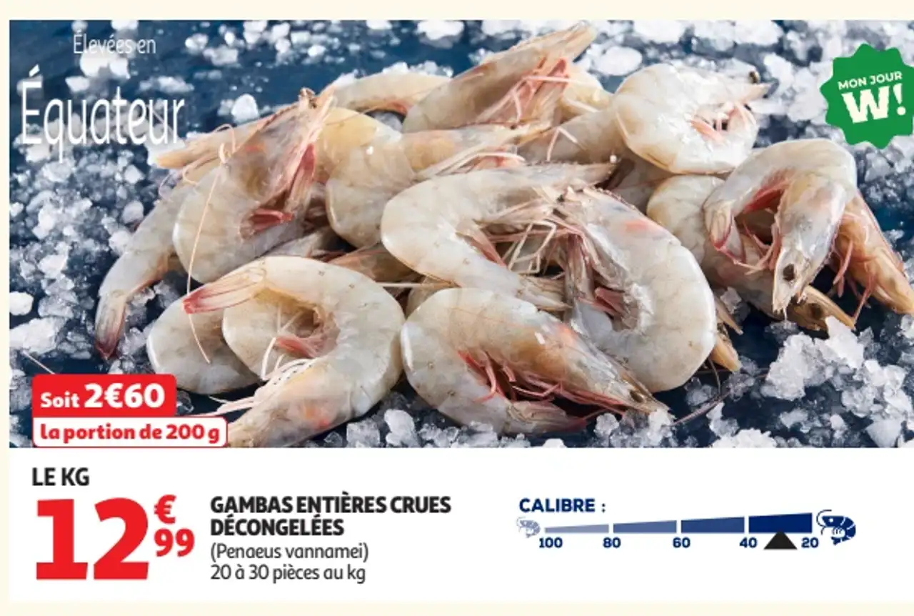Gambas entières crues décongelées