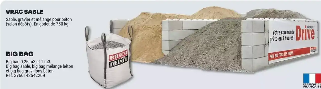 Vrac sable, gravier et mélange pour béton / Big Bag 0.25 m3 et 1 m3