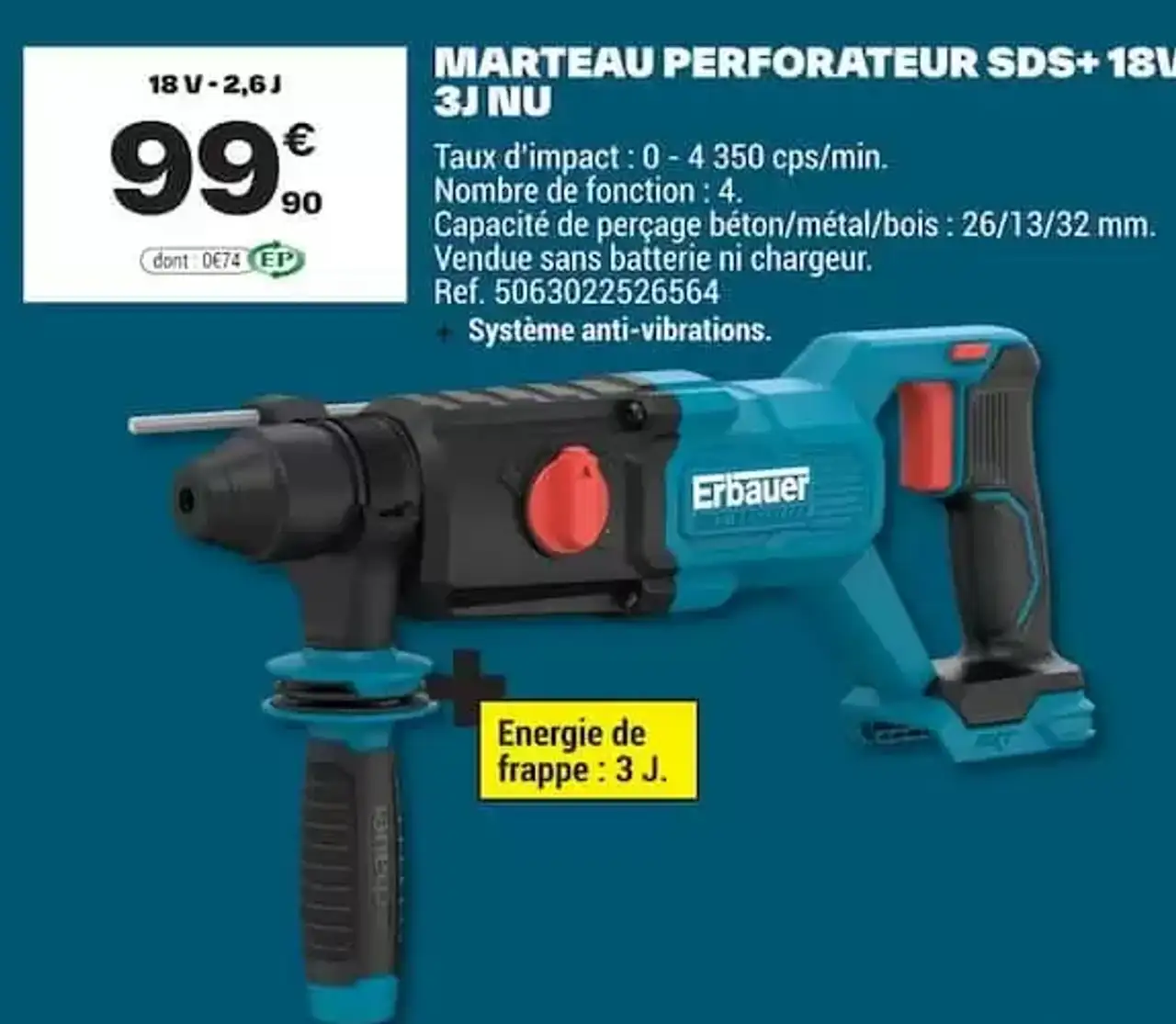 Marteau perforateur SDS+ 18V 3J nu Erbauer
