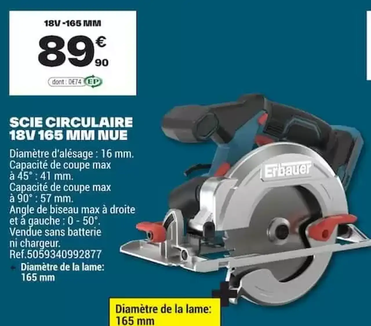 Scie circulaire 18V 165 mm nue Erbauer
