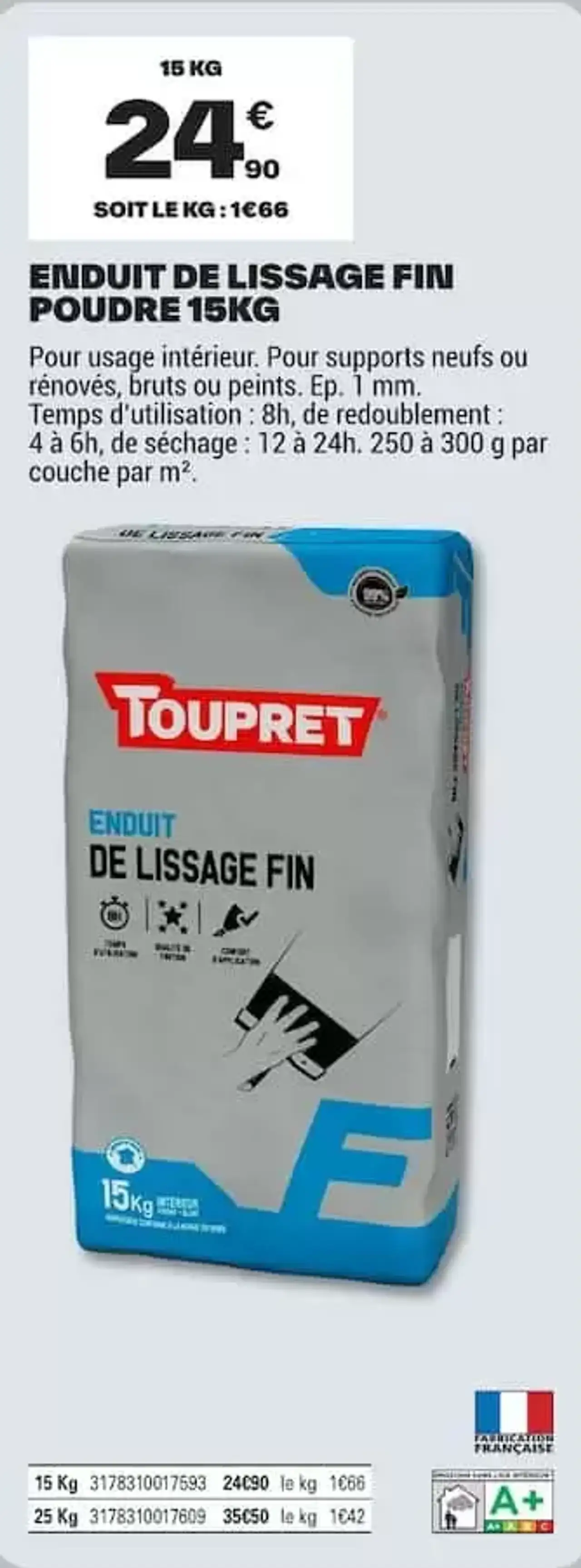 TOUPRET Enduit de lissage fin poudre 15kg
