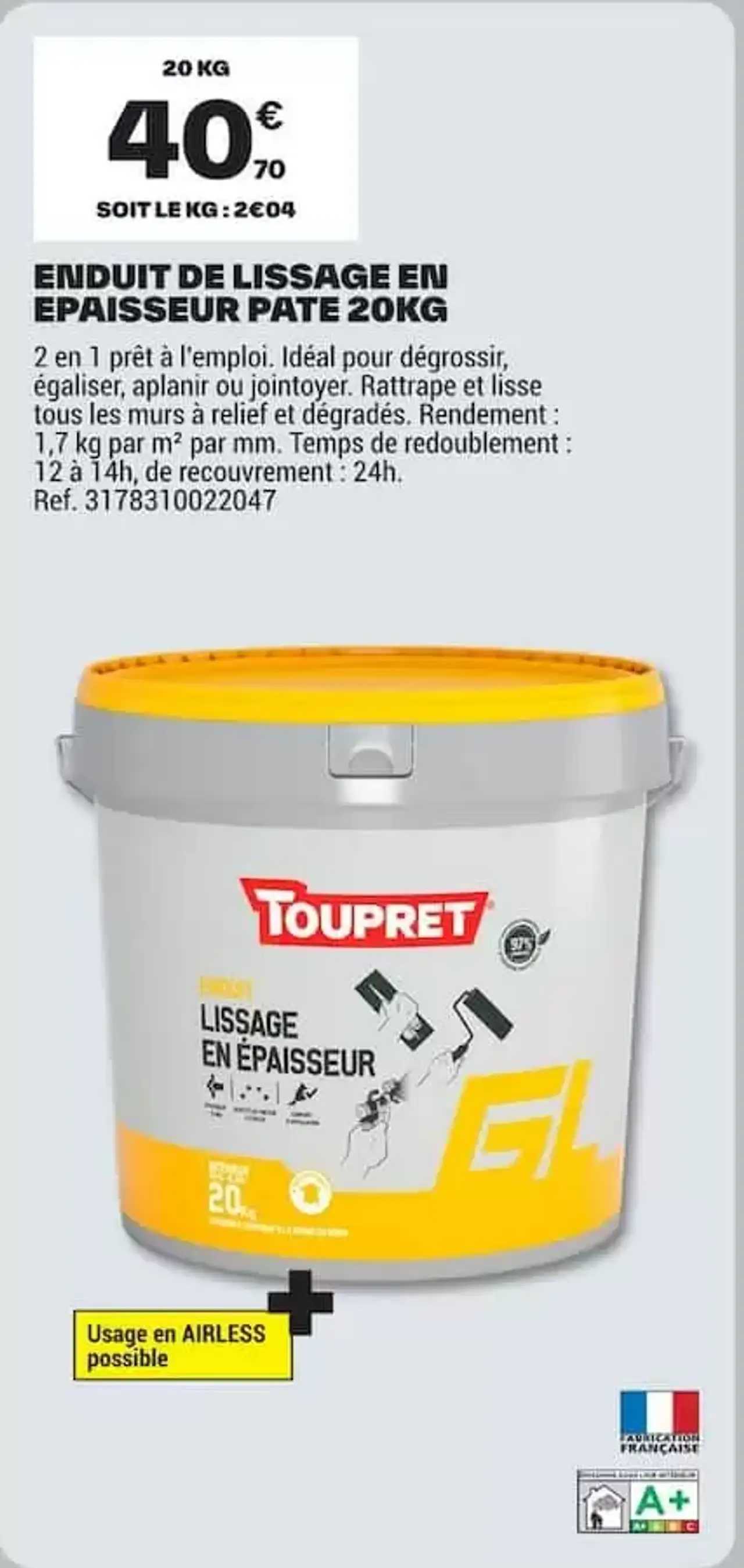 TOUPRET Enduit de lissage en épaisseur pâte 20kg