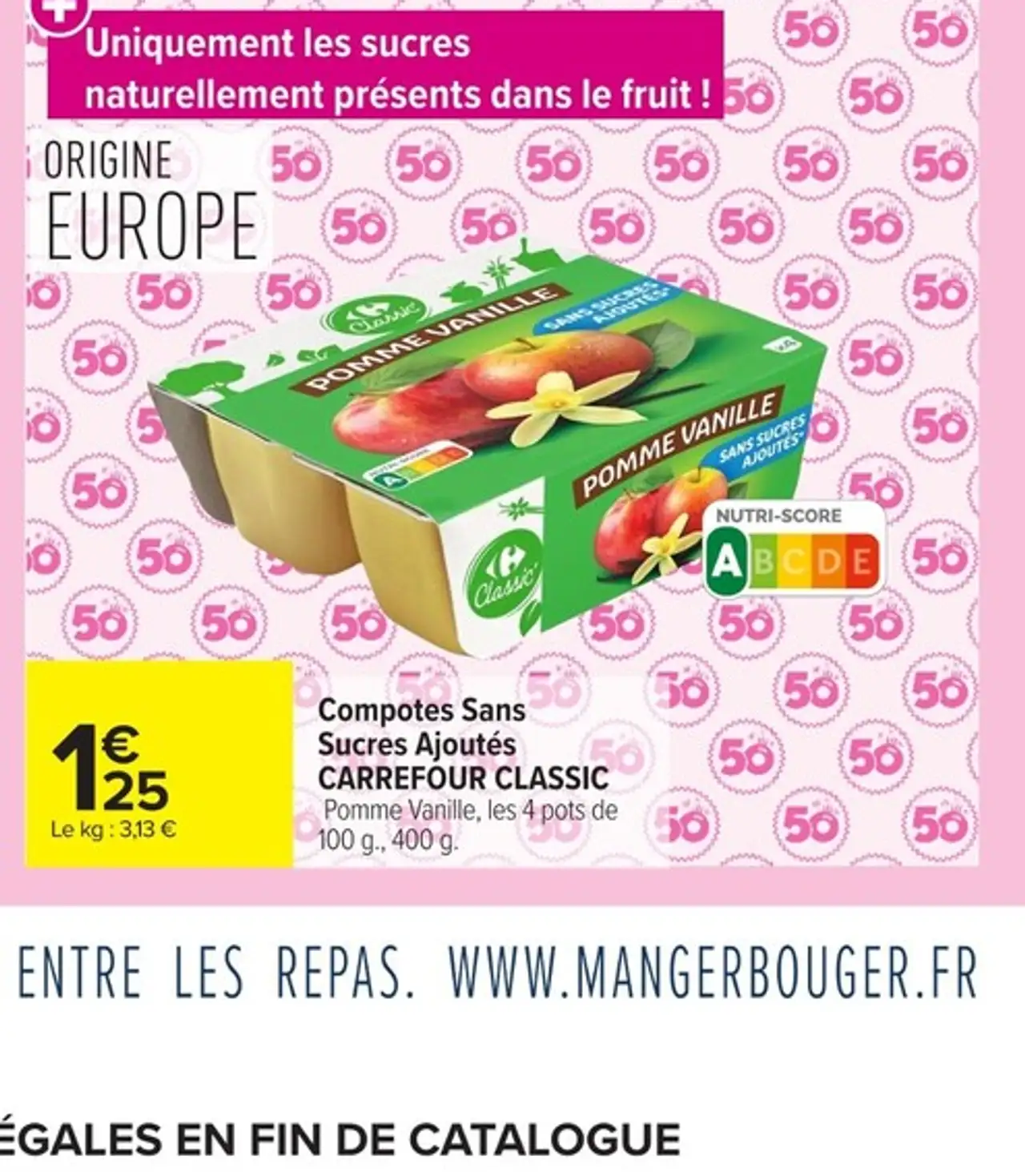 Compotes Sans Sucres Ajoutés CARREFOUR CLASSIC Pomme Vanille, les 4 pots de 100 g., 400 g.