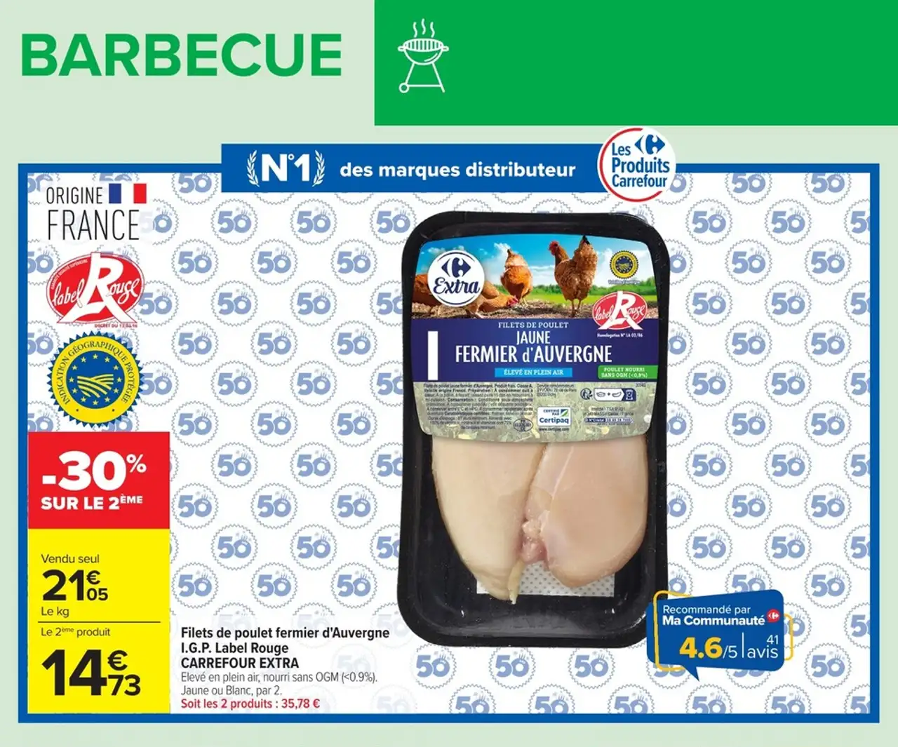 Filets de poulet fermier d'Auvergne I.G.P. Label Rouge CARREFOUR EXTRA