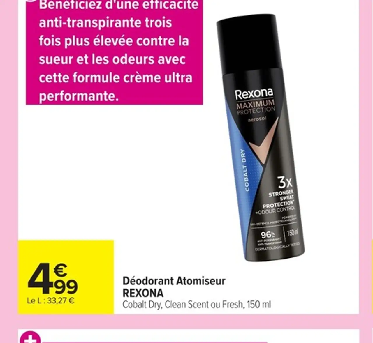Déodorant Atomiseur REXONA Cobalt Dry, Clean Scent ou Fresh, 150 ml