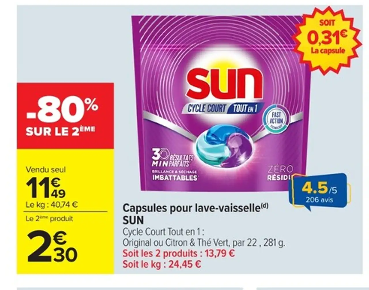 Capsules pour lave-vaisselle SUN Cycle Court Tout en 1
