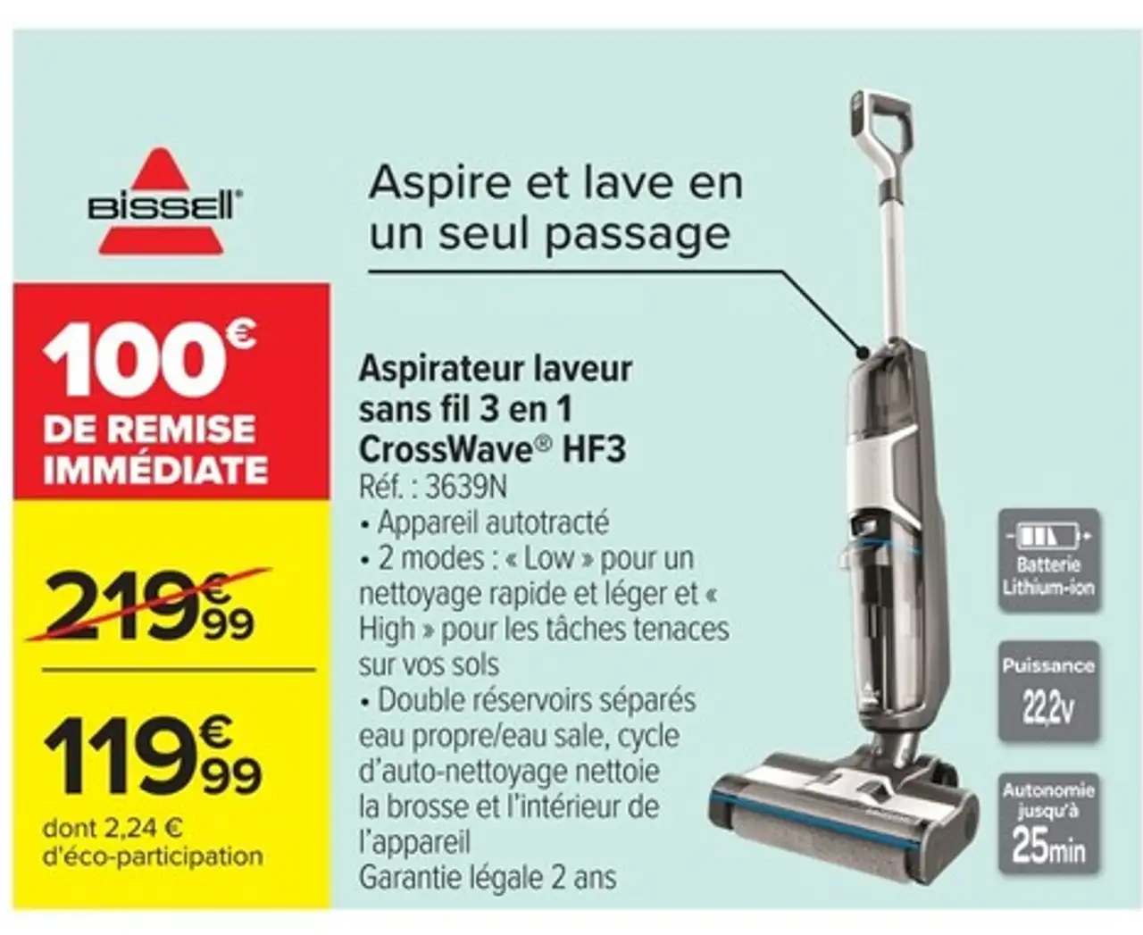 Aspirateur laveur sans fil 3 en 1 Bissell CrossWave HF3