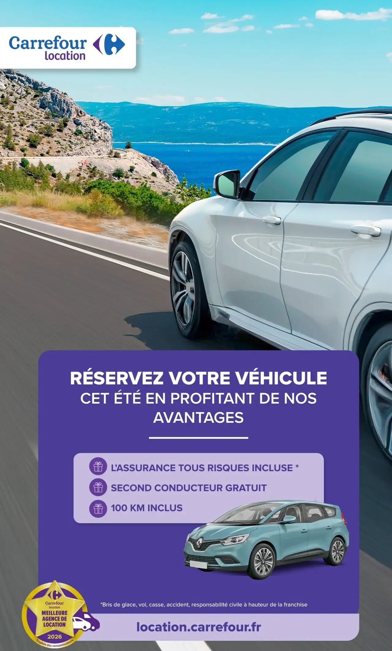 Location de véhicule cet été avec avantages (assurance tous risques incluse, second conducteur gratuit, 100 km inclus)