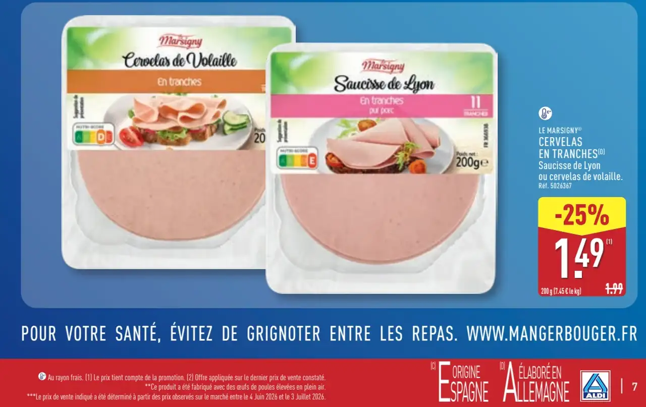 Le Marsigny Cervelas en tranches (Saucisse de Lyon ou cervelas de volaille)