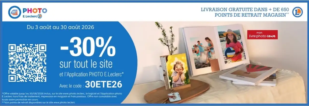 Offre de réduction -30% sur tout le site et l'application PHOTO E.Leclerc