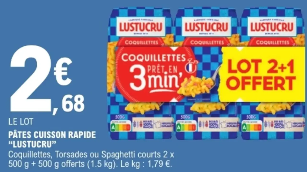 Pâtes cuisson rapide "Lustucru" Coquillettes, Torsades ou Spaghetti courts