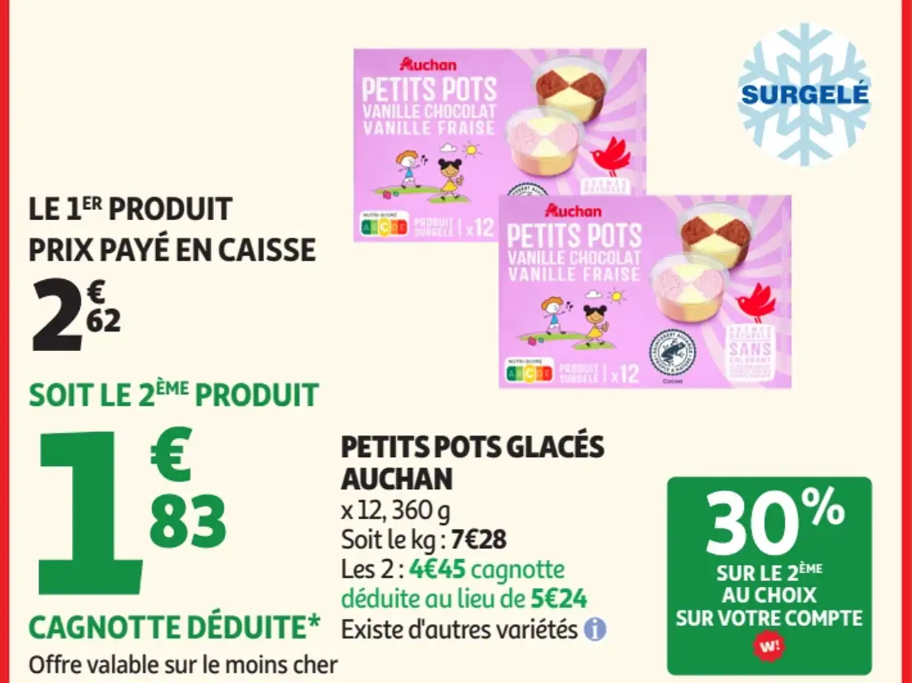 Petits pots glacés vanille chocolat vanille fraise Auchan