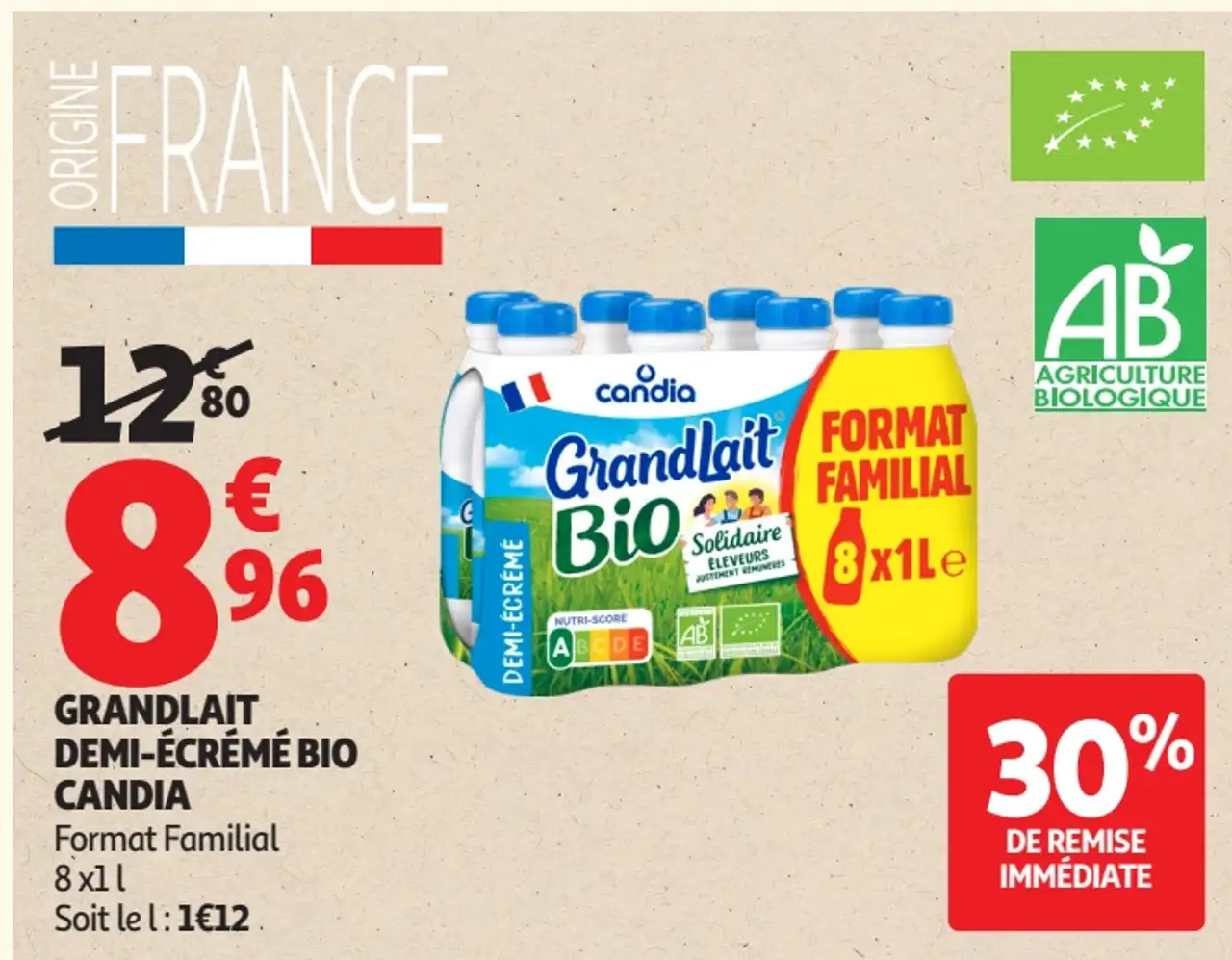 Grandlait demi-écrémé bio Candia