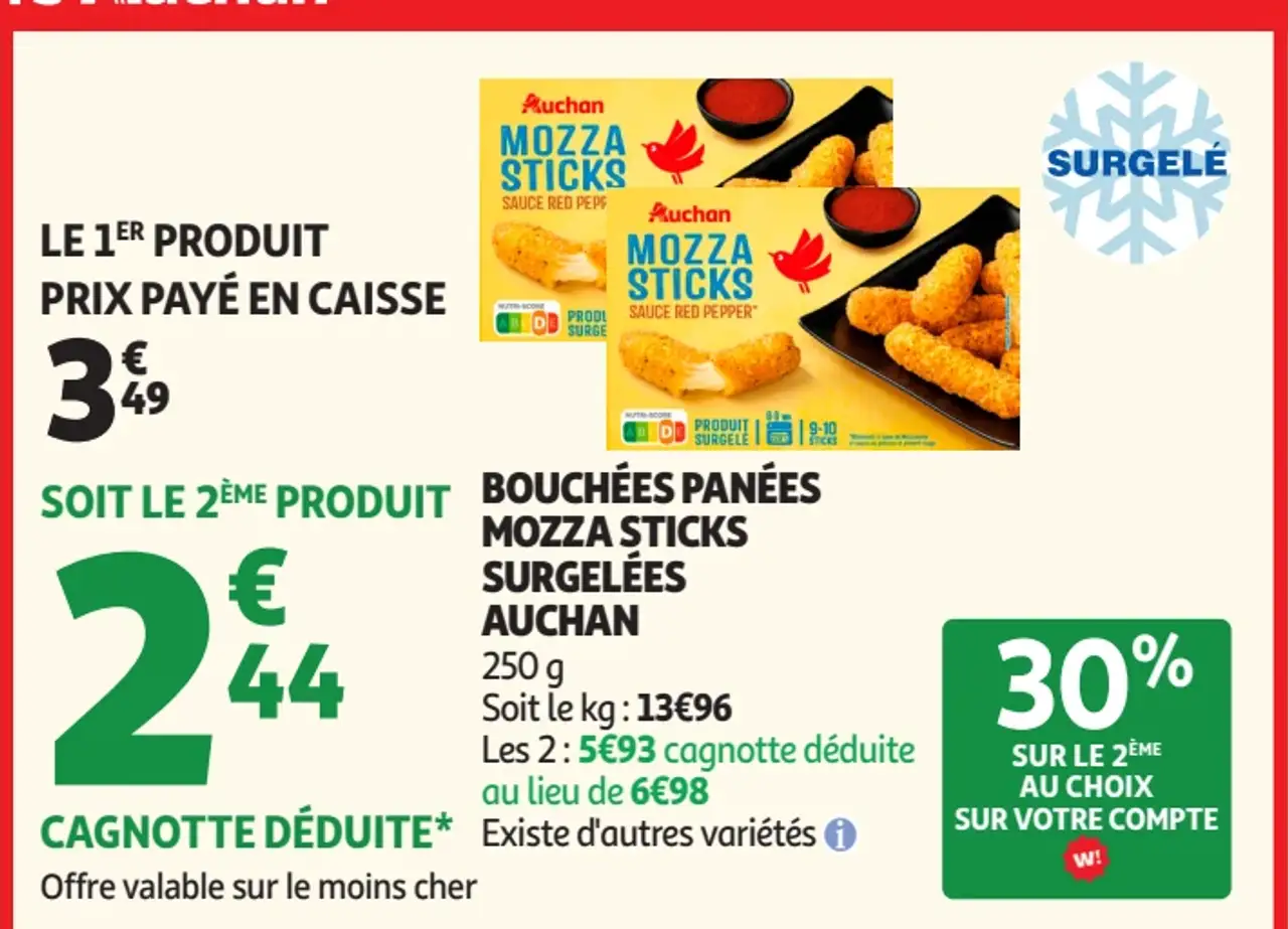 Bouchées panées Mozza Sticks surgelées Auchan