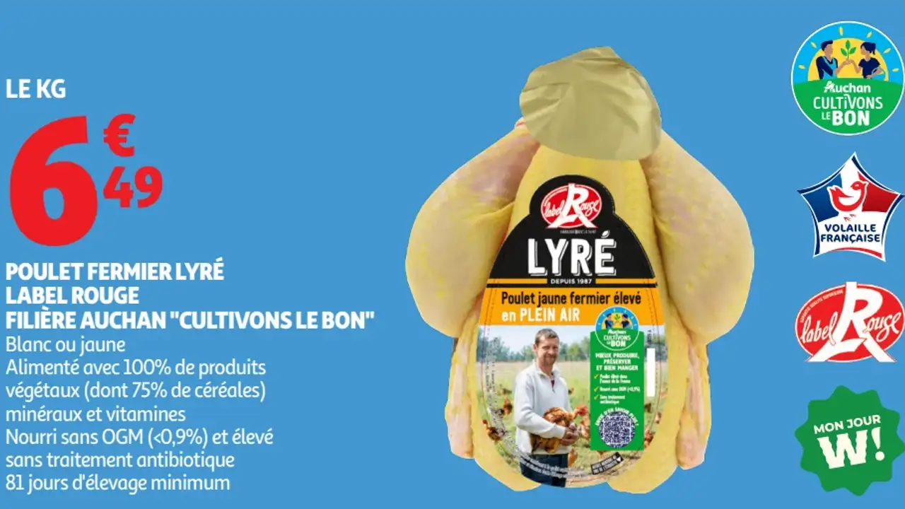 Poulet fermier Lyré Label Rouge filière Auchan "Cultivons le bon"