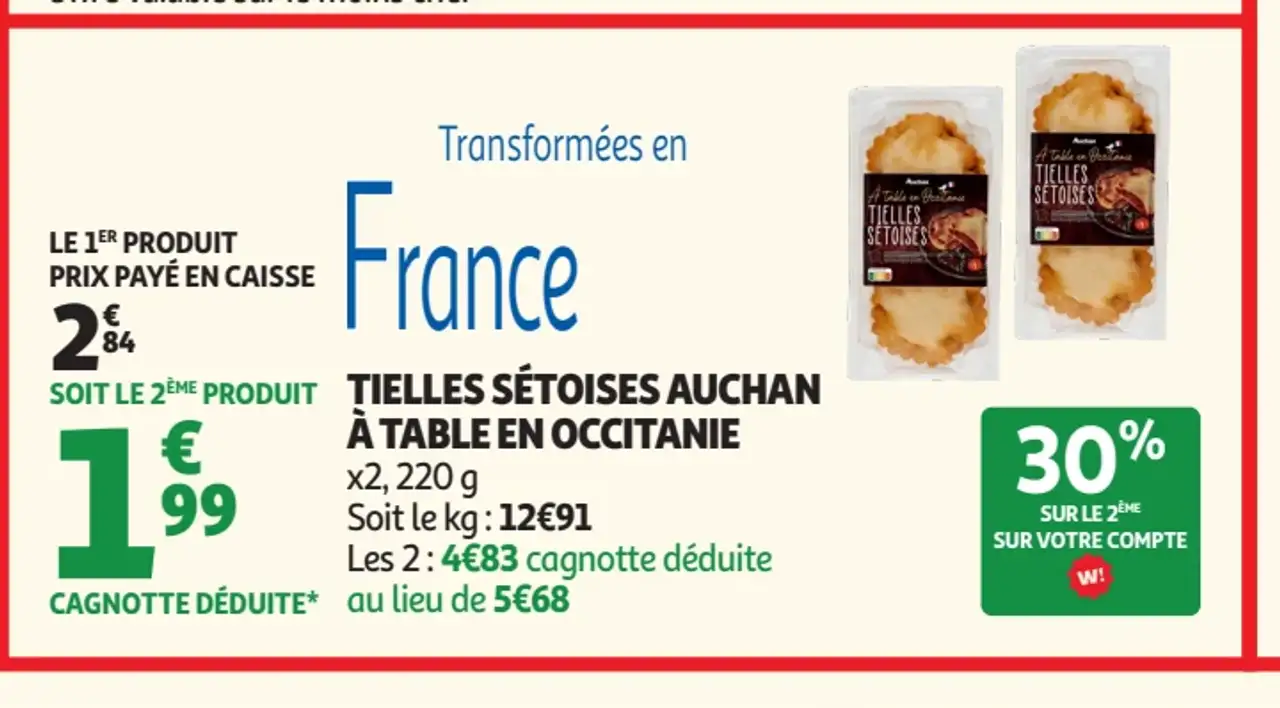 Tielles sétoises Auchan à table en Occitanie