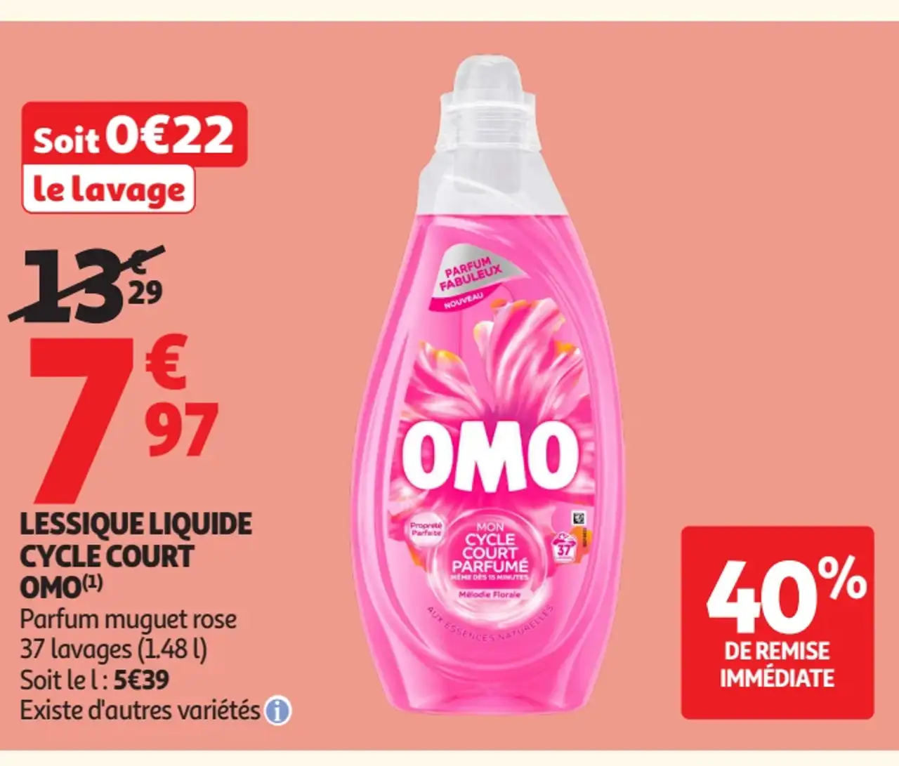 Lessive liquide cycle court OMO Parfum muguet rose