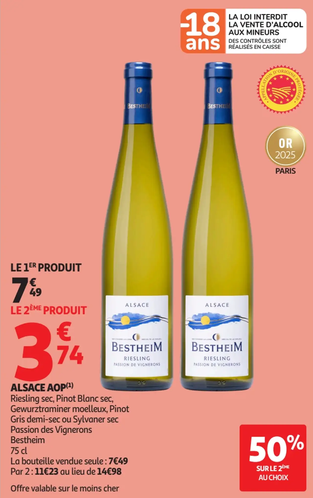 Alsace AOP Bestheim (Riesling sec, Pinot Blanc sec, Gewurztraminer moelleux, Pinot Gris demi-sec ou Sylvaner sec)