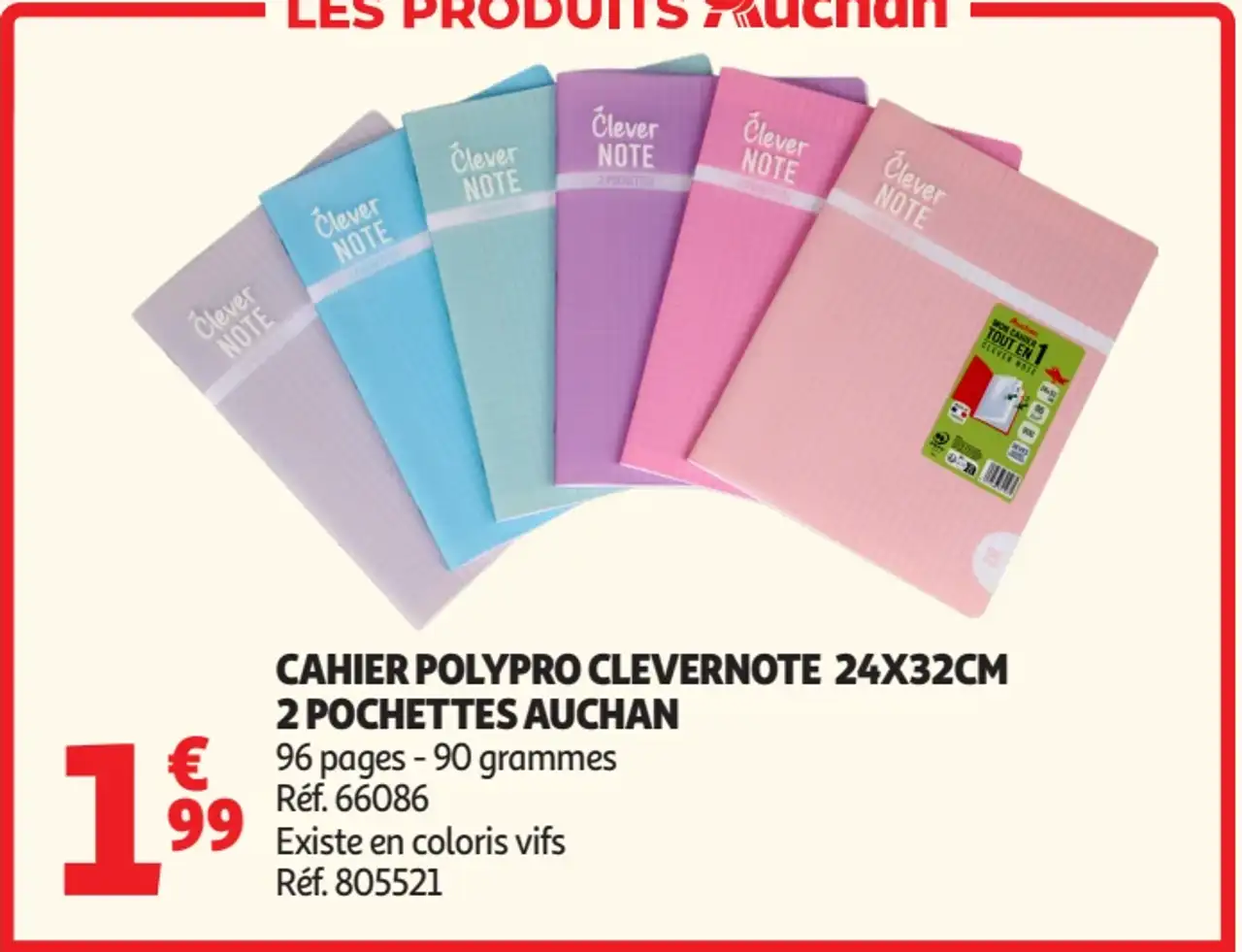 Cahier Polypro Clevernote 24x32cm 2 Pochettes Auchan