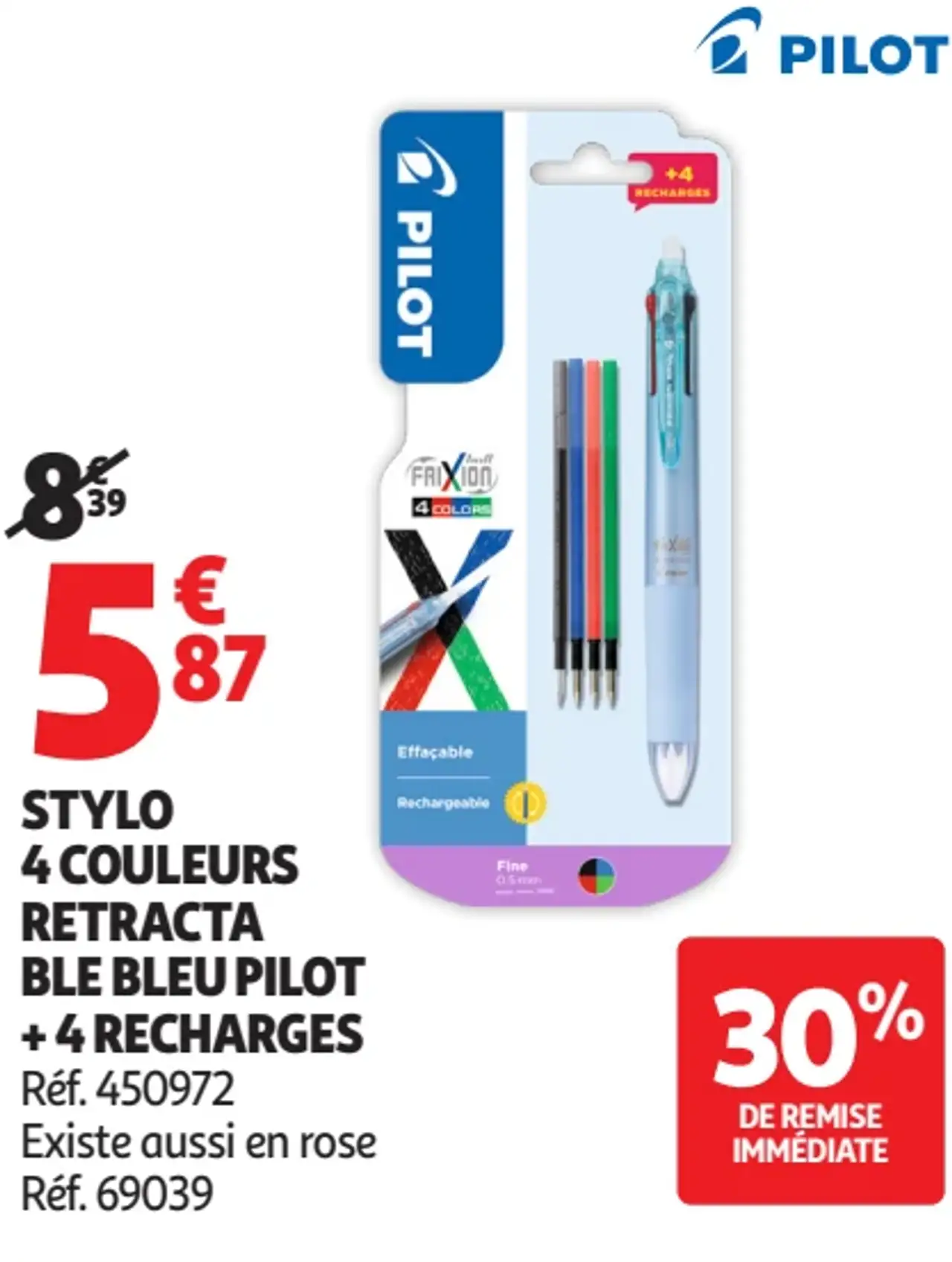 Stylo 4 couleurs retracta bleu Pilot + 4 recharges