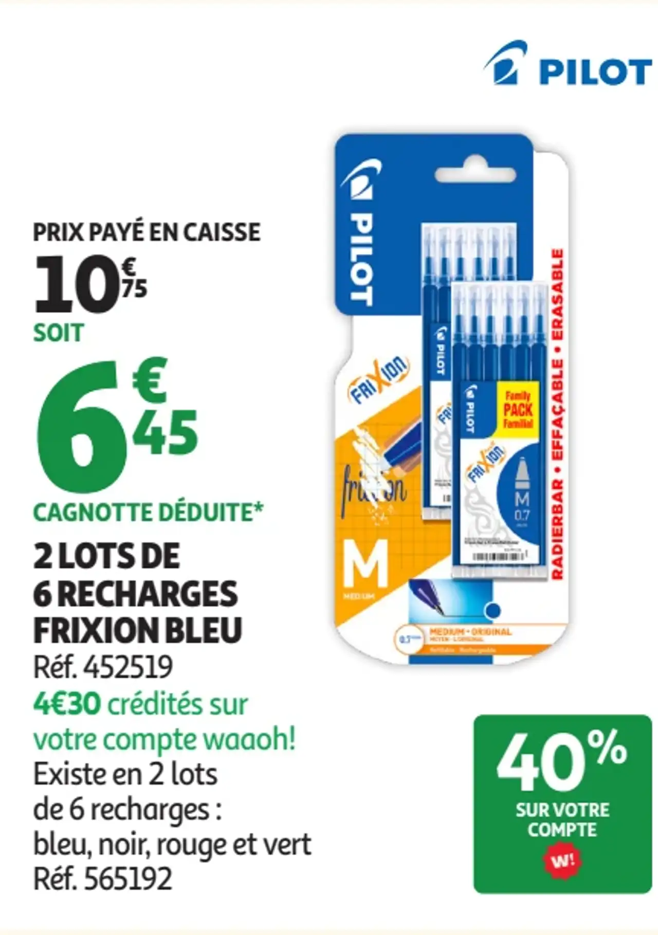 2 lots de 6 recharges Frixion bleu Pilot