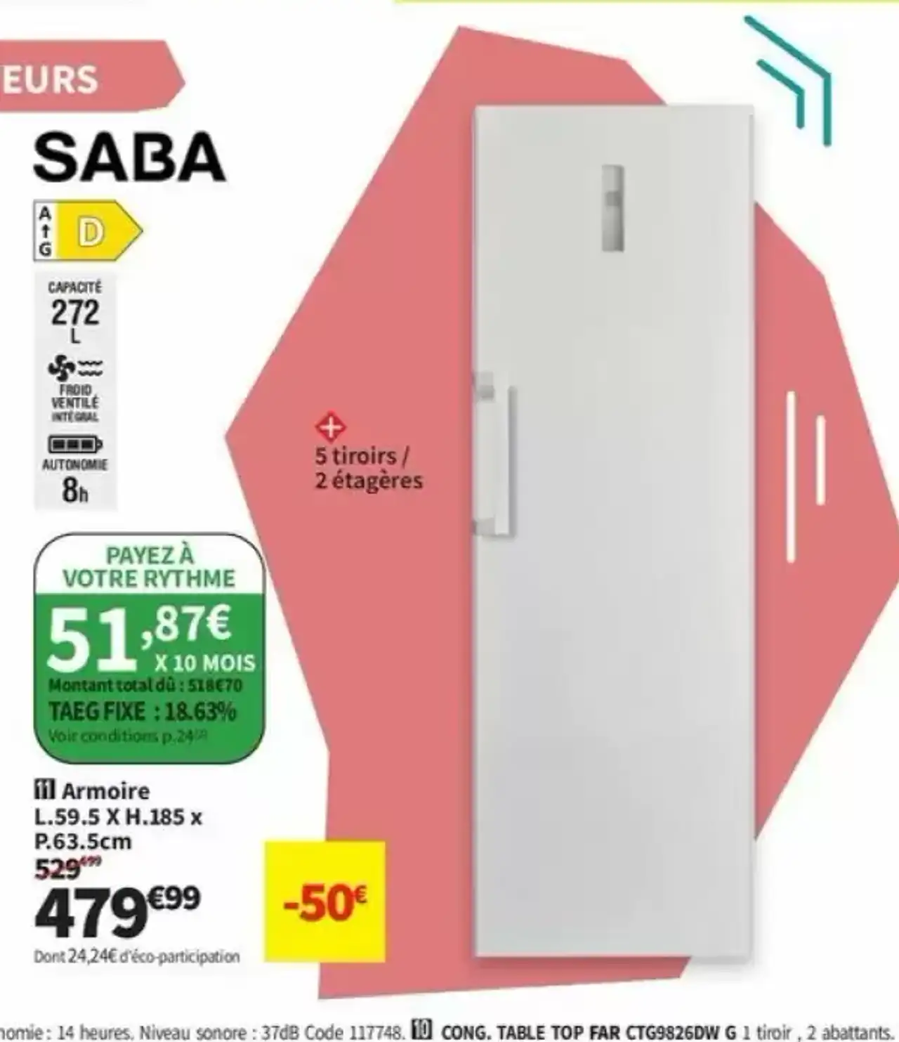 Congélateur Armoire SABA L.59.5 x H.185 x P.63.5cm