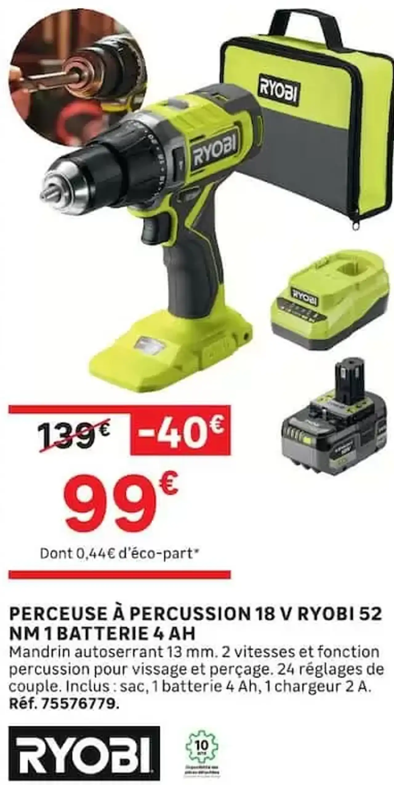 PERCEUSE À PERCUSSION 18 V RYOBI 52 NM 1 BATTERIE 4 AH