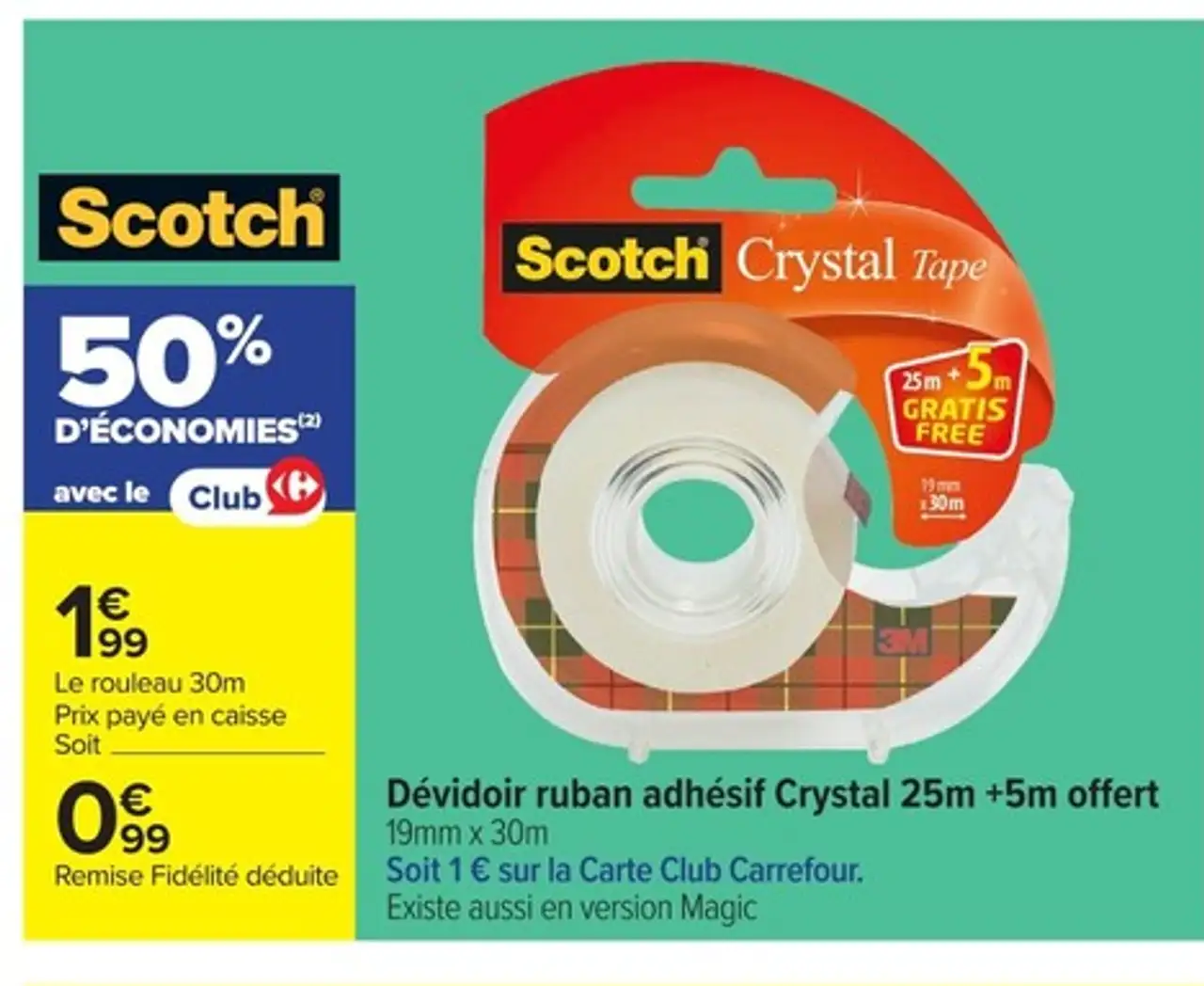 Dévidoir ruban adhésif Crystal 25m + 5m offert Scotch