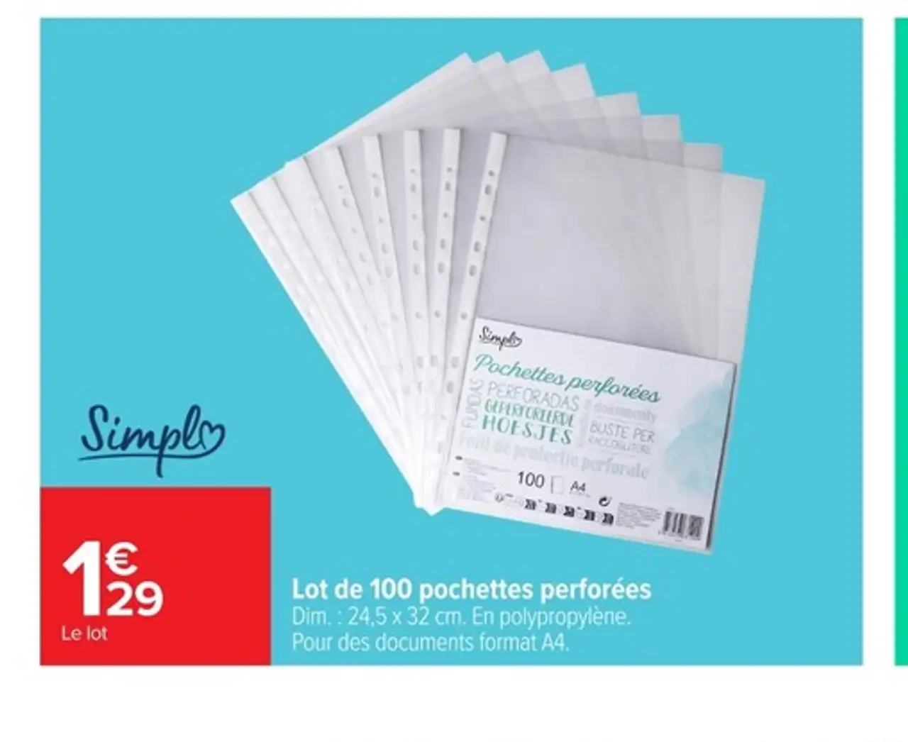 Lot de 100 pochettes perforées Simpl