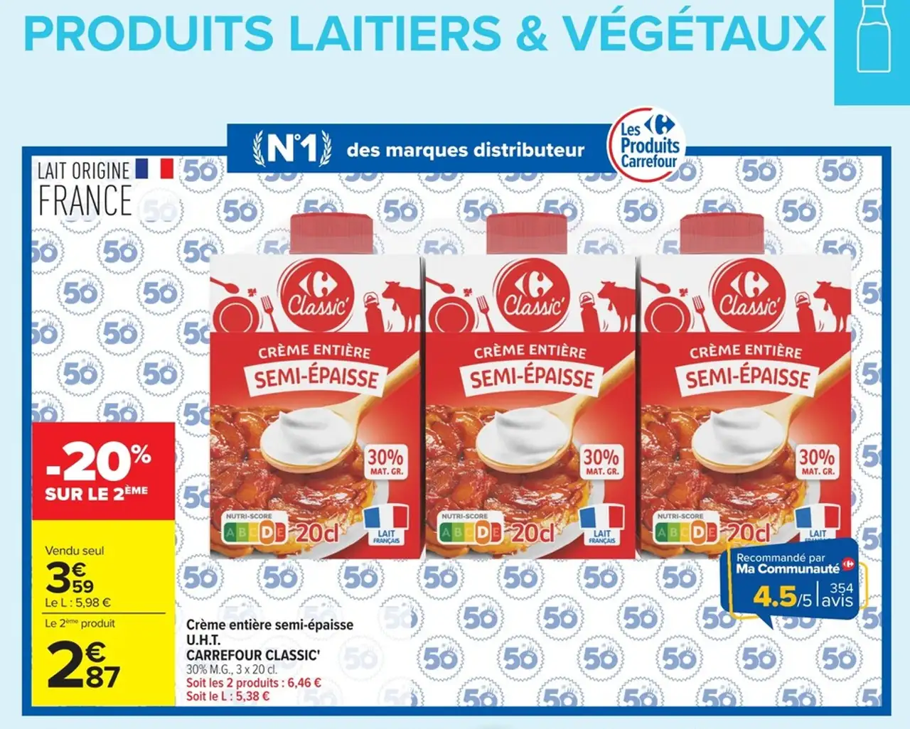 Crème entière semi-épaisse U.H.T. CARREFOUR CLASSIC'