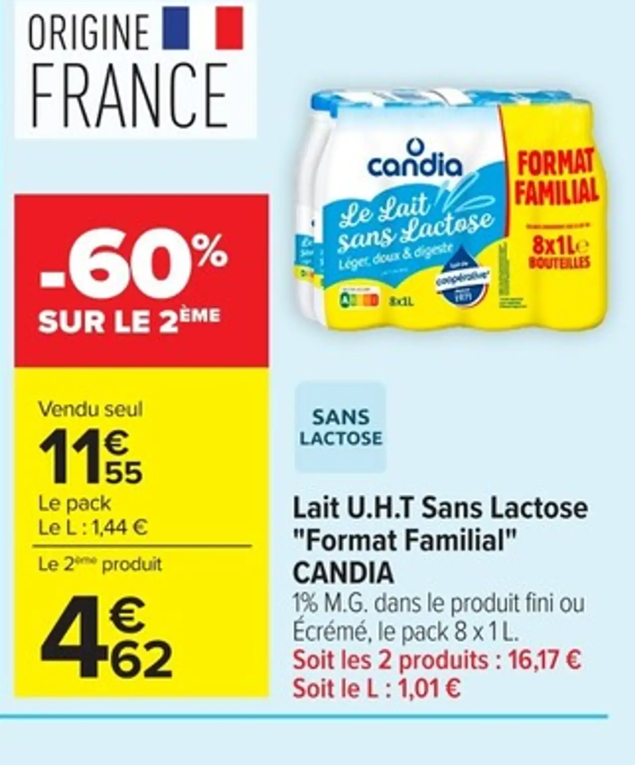 Lait U.H.T Sans Lactose "Format Familial" CANDIA