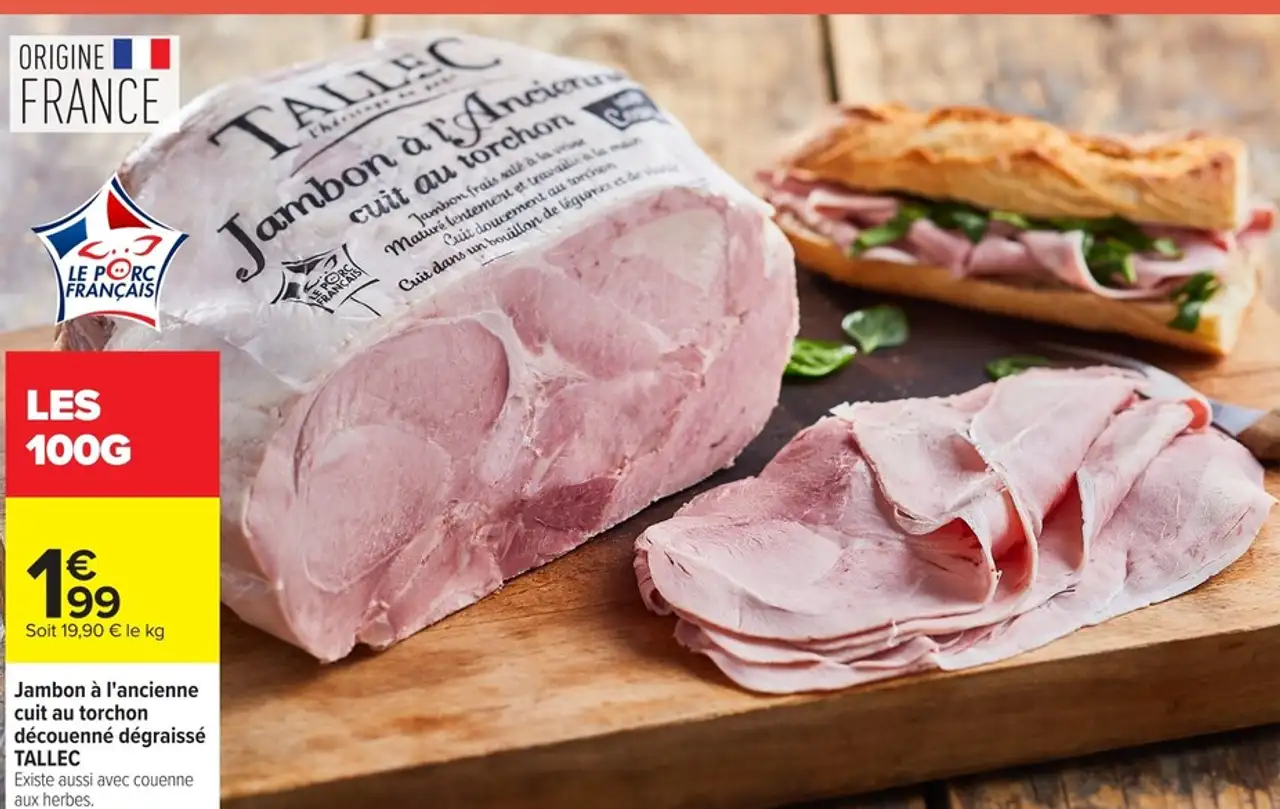 Jambon à l'ancienne cuit au torchon découenné dégraissé TALLEC