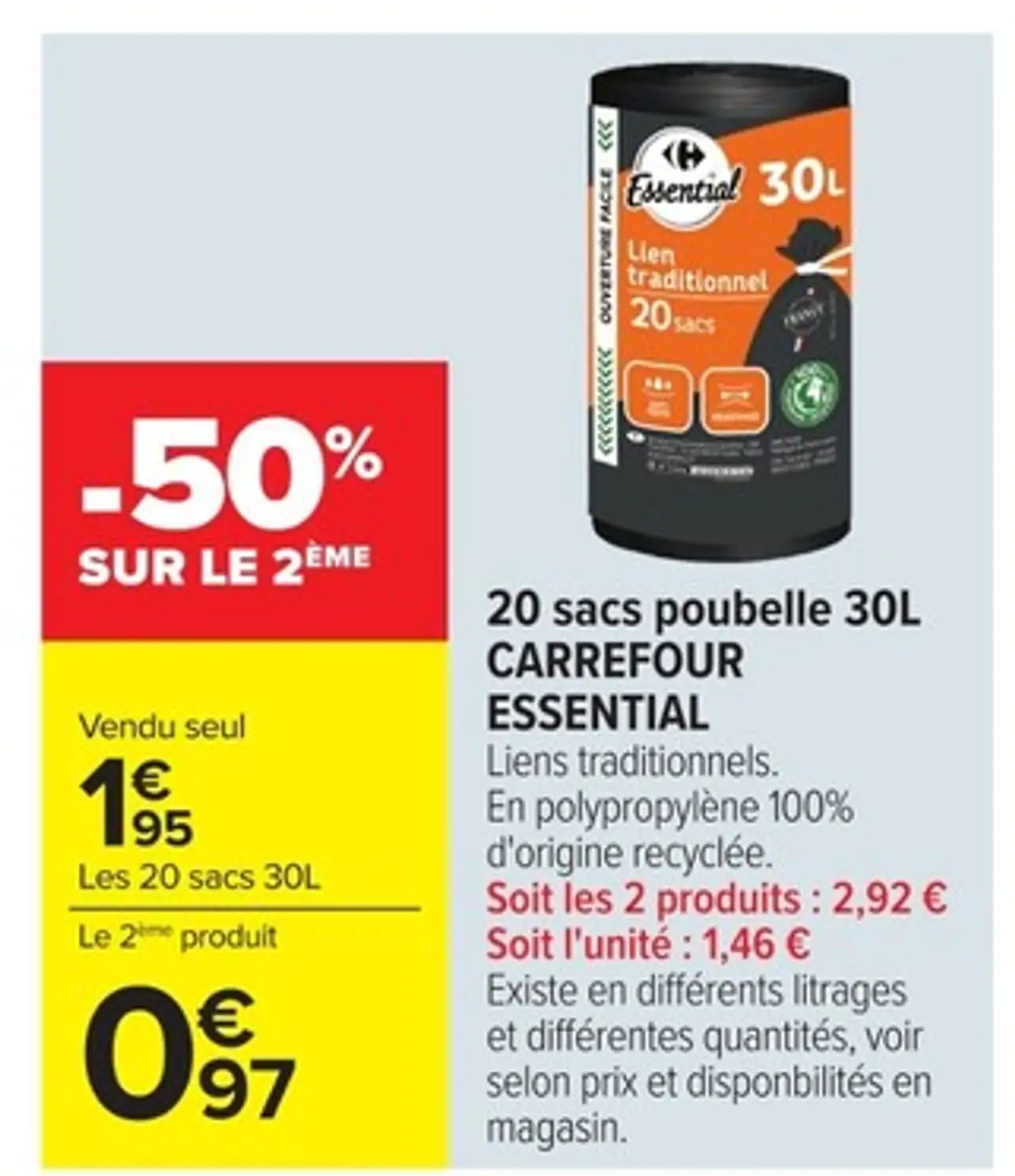 Sacs poubelle 30L CARREFOUR ESSENTIAL Liens traditionnels