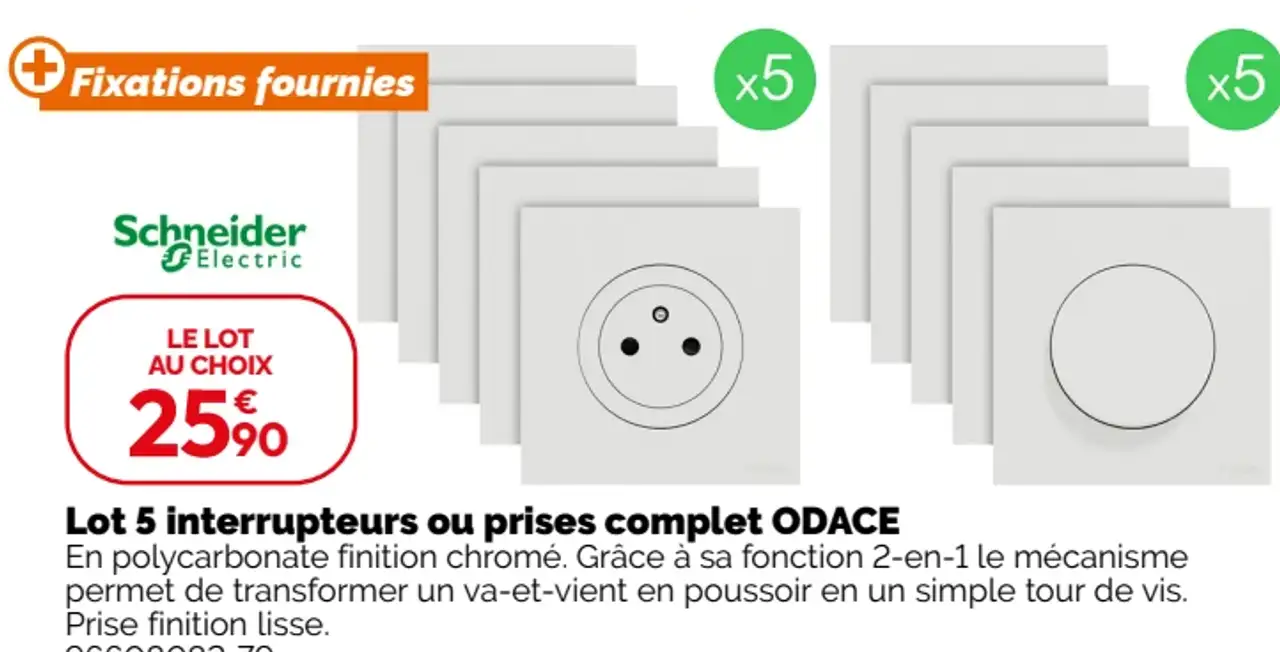 Lot 5 interrupteurs ou prises complet ODACE Schneider Electric