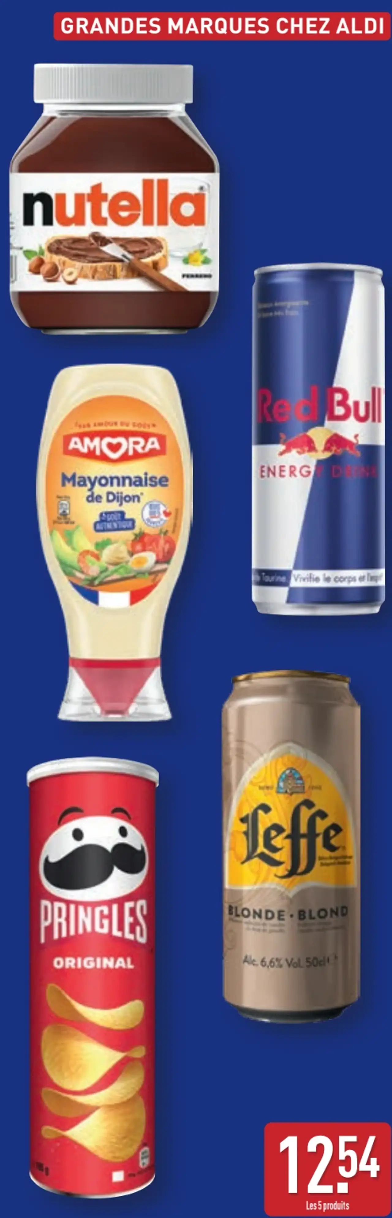 Lot de 5 produits de grandes marques (Nutella, Amora Mayonnaise de Dijon, Red Bull Energy Drink, Pringles Original, Leffe Blonde)