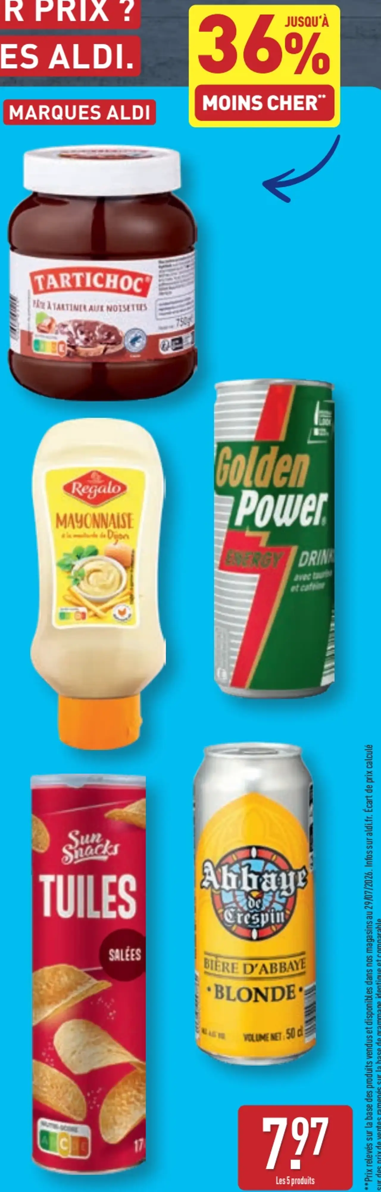Lot de 5 produits Marques ALDI (Tartichoc, Regalo Mayonnaise, Golden Power Energy Drink, Sun Snacks Tuiles Salées, Abbaye de Crespin Bière d'Abbaye Blonde)