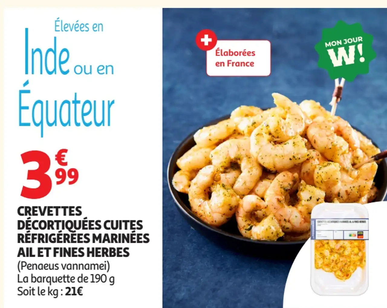 Crevettes décortiquées cuites réfrigérées marinées ail et fines herbes (Penaeus vannamei)