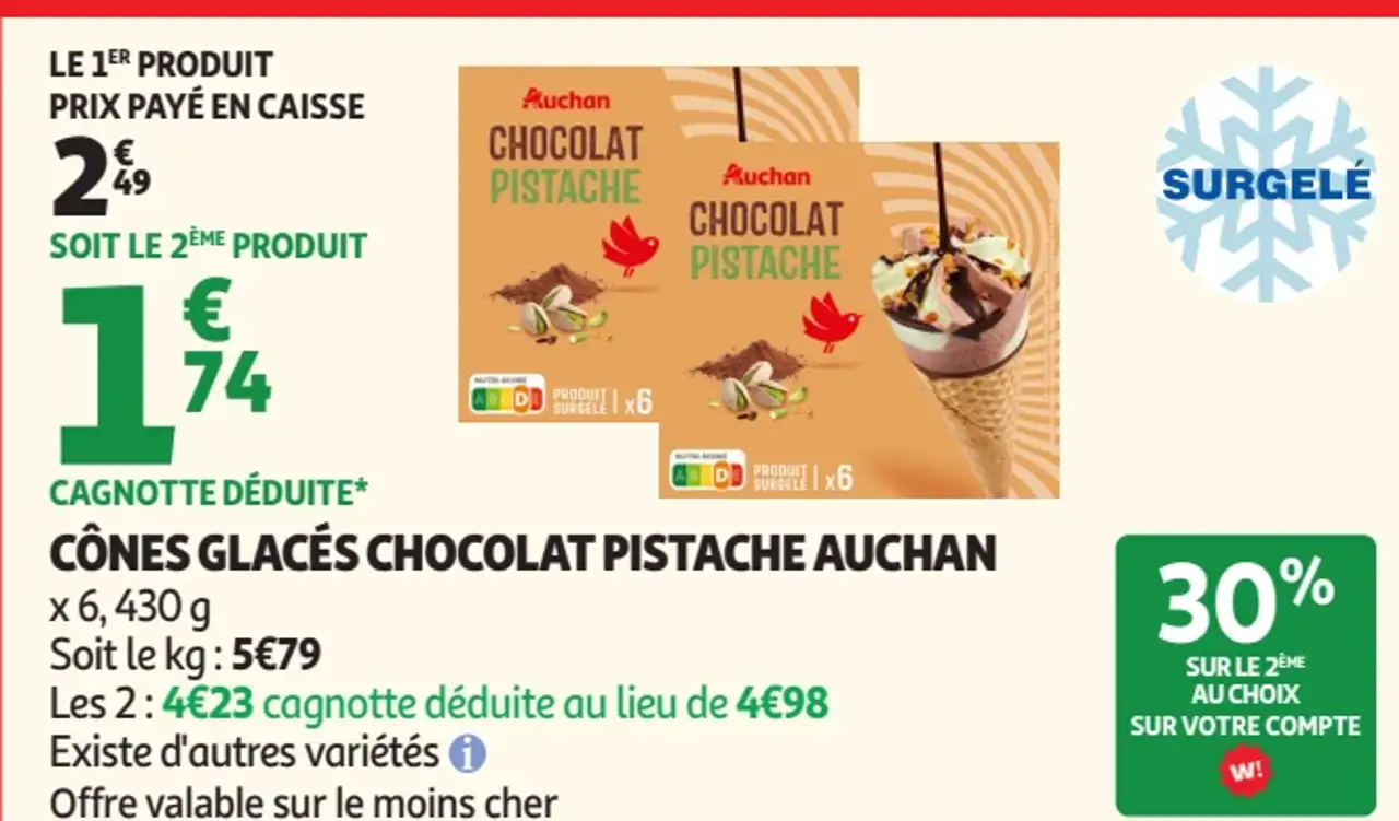 Cônes glacés chocolat pistache Auchan