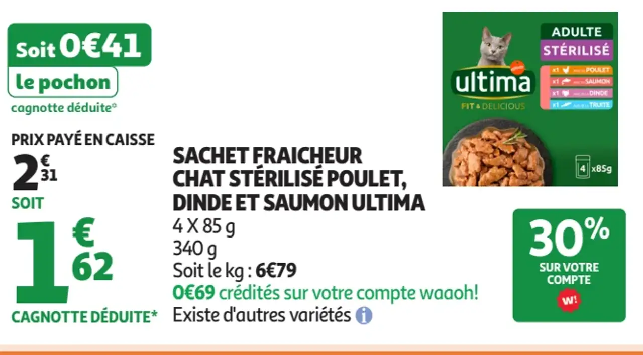 Sachet fraicheur chat stérilisé poulet, dinde et saumon Ultima