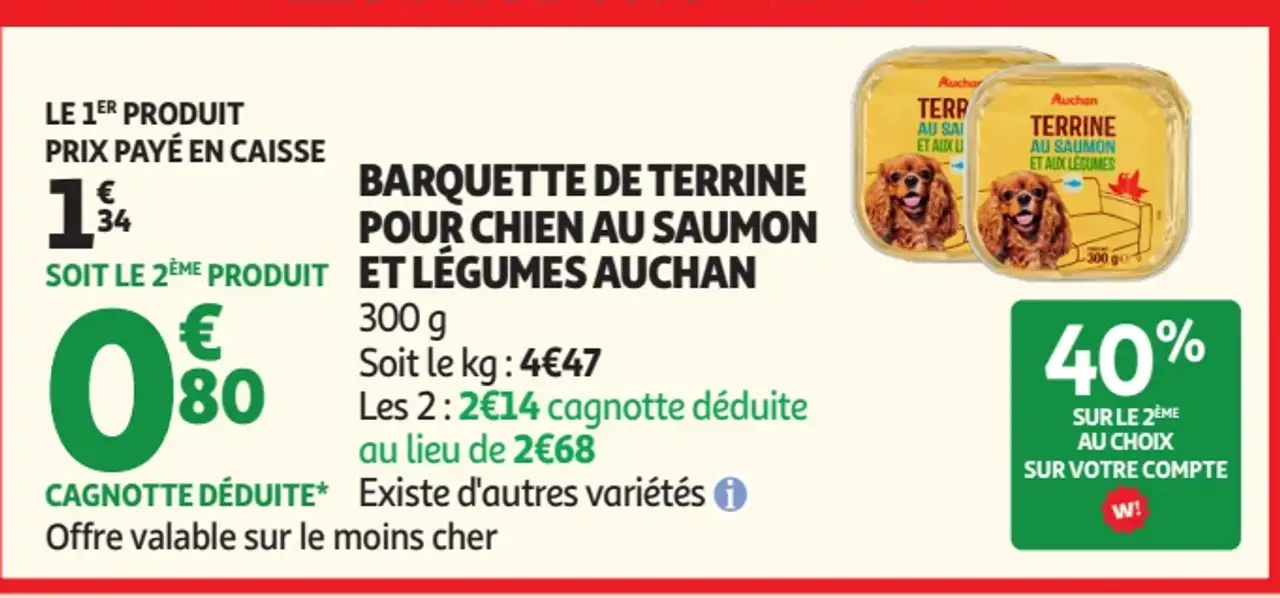 Barquette de terrine pour chien au saumon et légumes Auchan