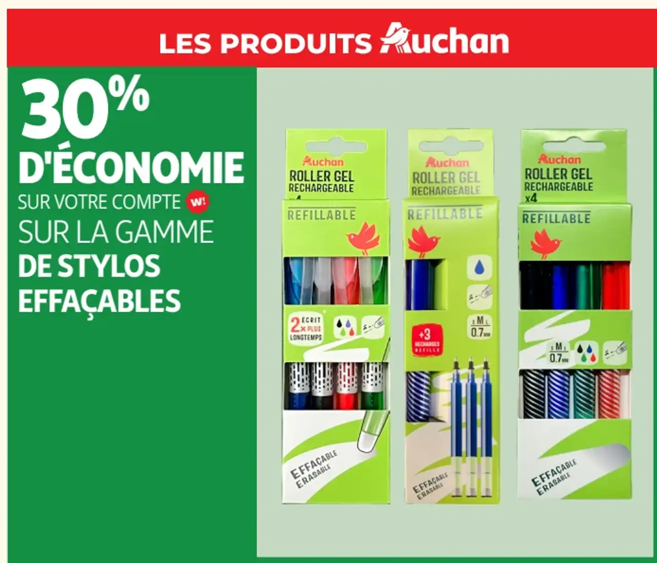 Gamme de stylos effaçables Auchan Roller Gel