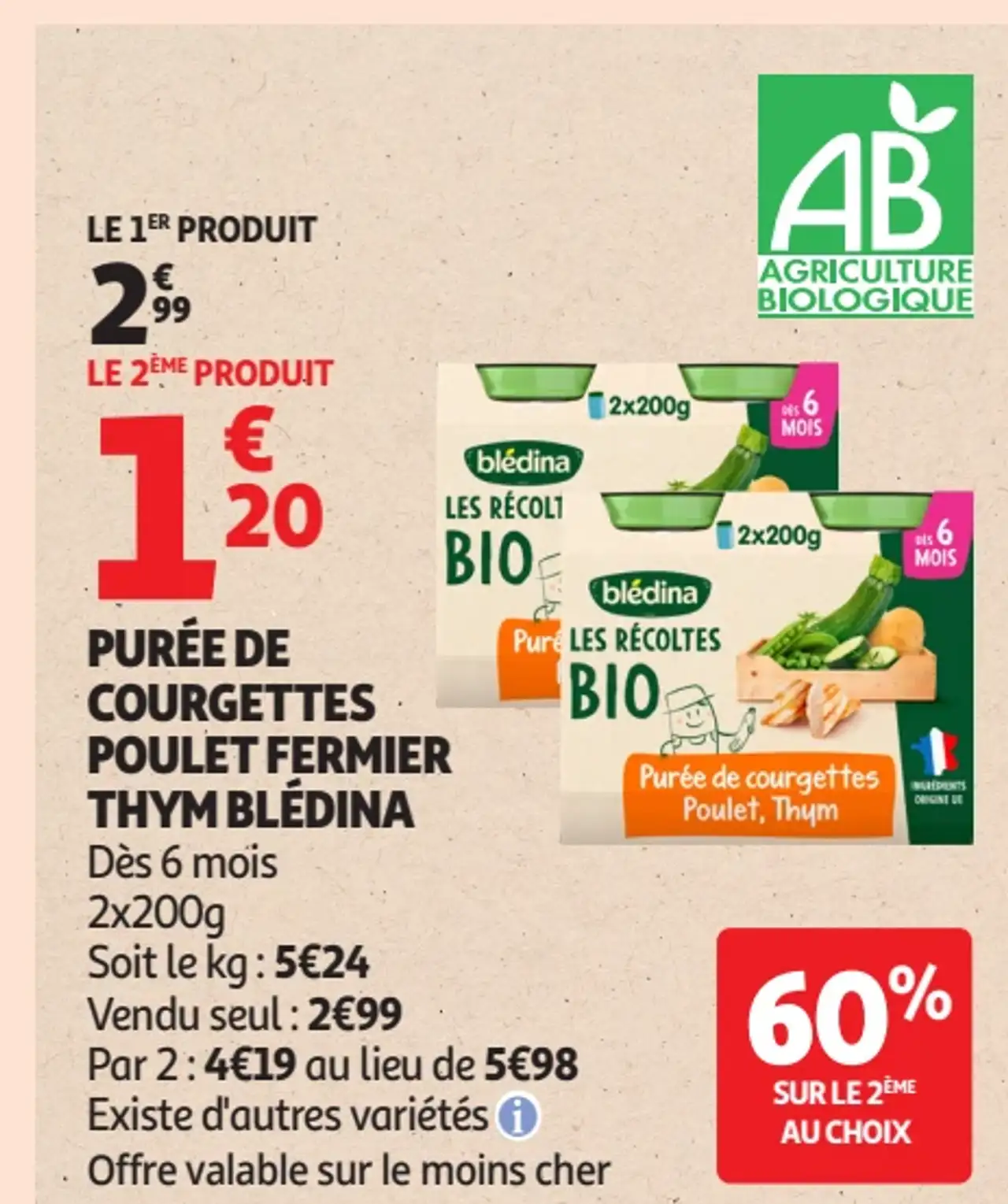 Blédina Les Récoltes Bio Purée de courgettes poulet fermier thym