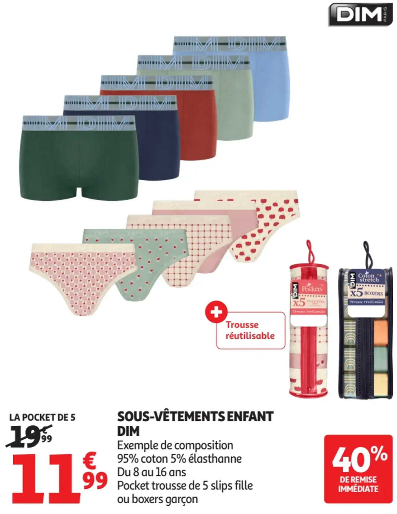 Sous-vêtements enfant DIM Pocket trousse de 5 slips fille ou boxers garçon