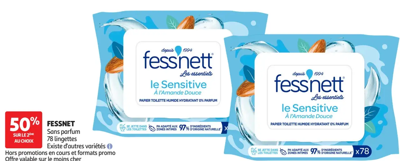 Papier toilette humide hydratant Fessnett Le Sensitive À l'Amande Douce