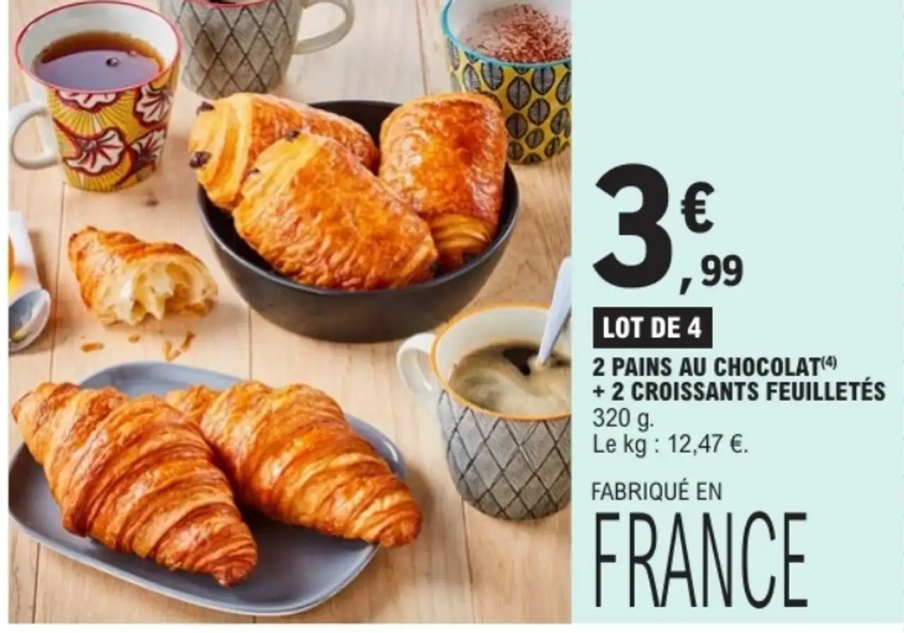 Lot de 4: 2 pains au chocolat + 2 croissants feuilletés