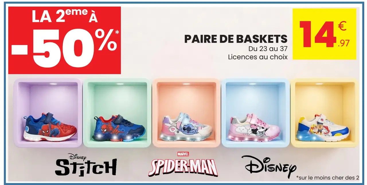 Paire de baskets licences au choix (Disney, Spider-Man, Stitch)