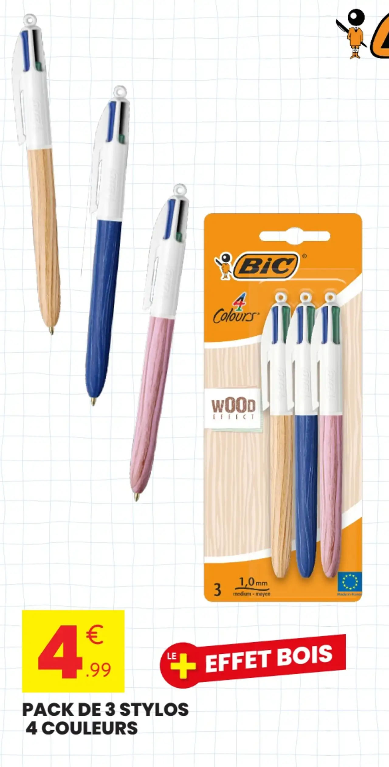 BIC Pack de 3 stylos 4 couleurs Effet Bois (Wood Effect)