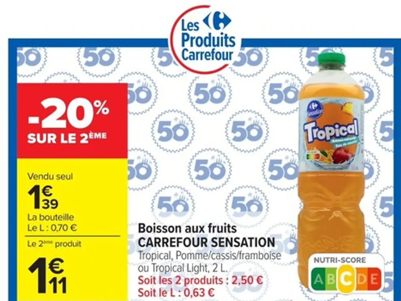 Boisson aux fruits CARREFOUR SENSATION Tropical, Pomme/cassis/framboise ou Tropical Light