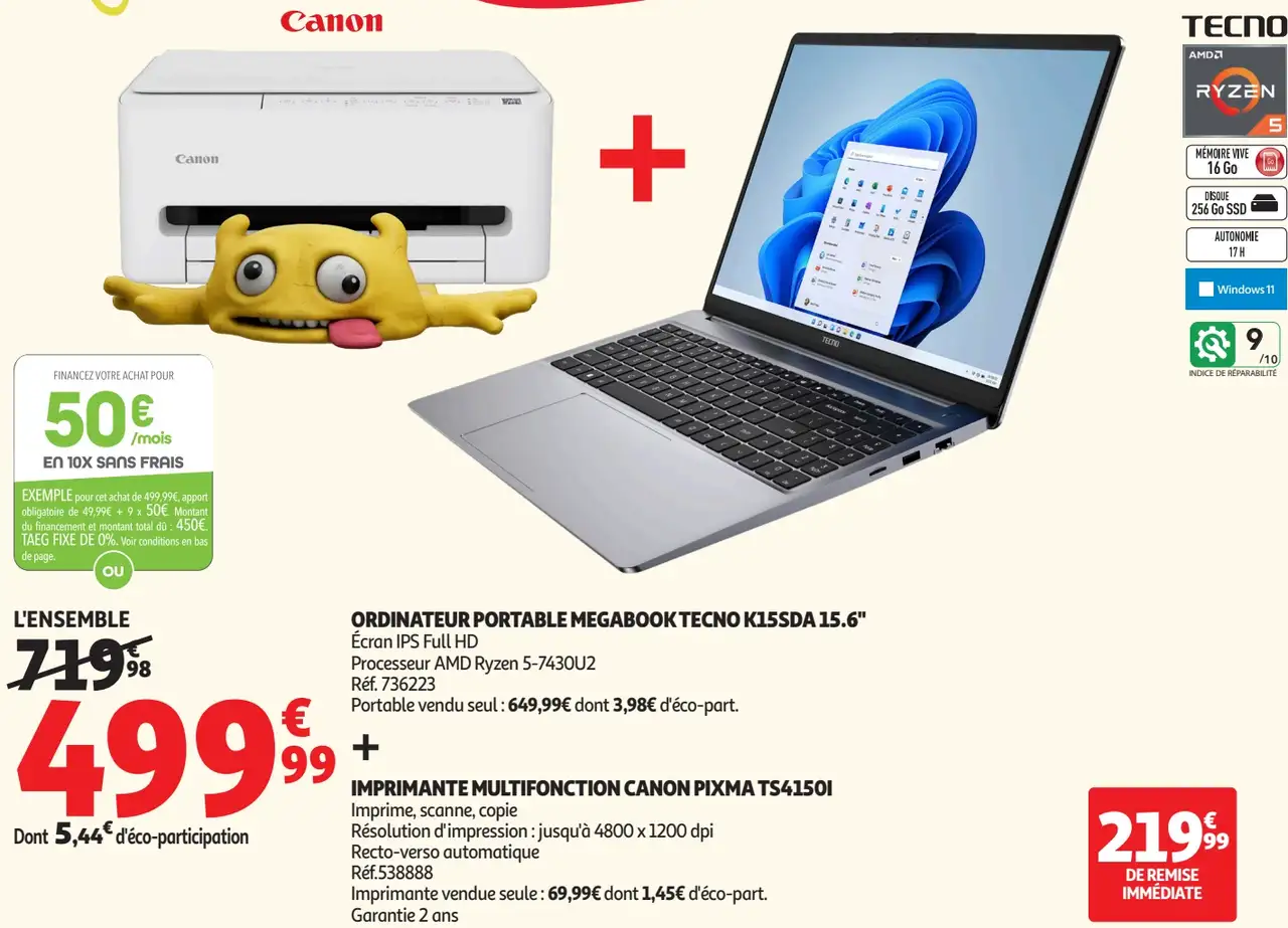 L'ensemble Ordinateur portable Megabook Tecno K15SDA 15.6" + Imprimante multifonction Canon Pixma TS4150I