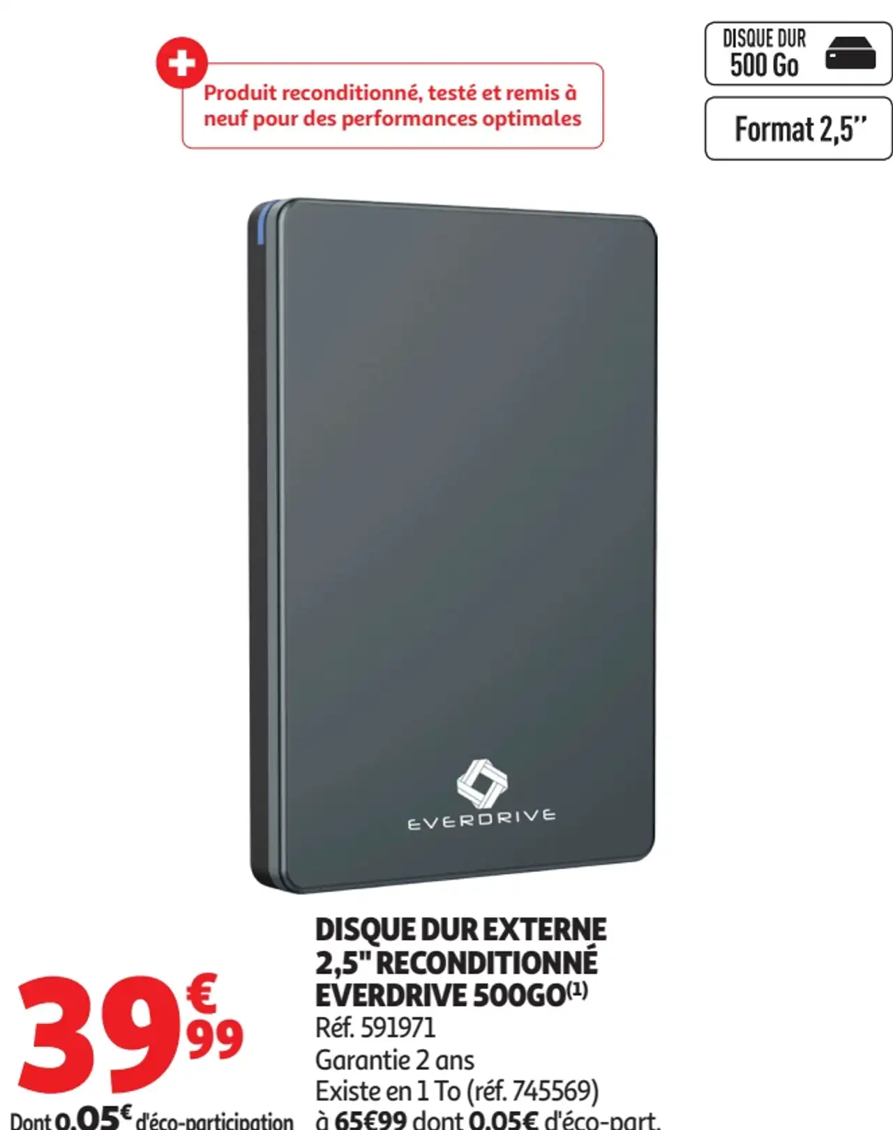 Disque Dur Externe 2,5" Reconditionné Everdrive 500Go